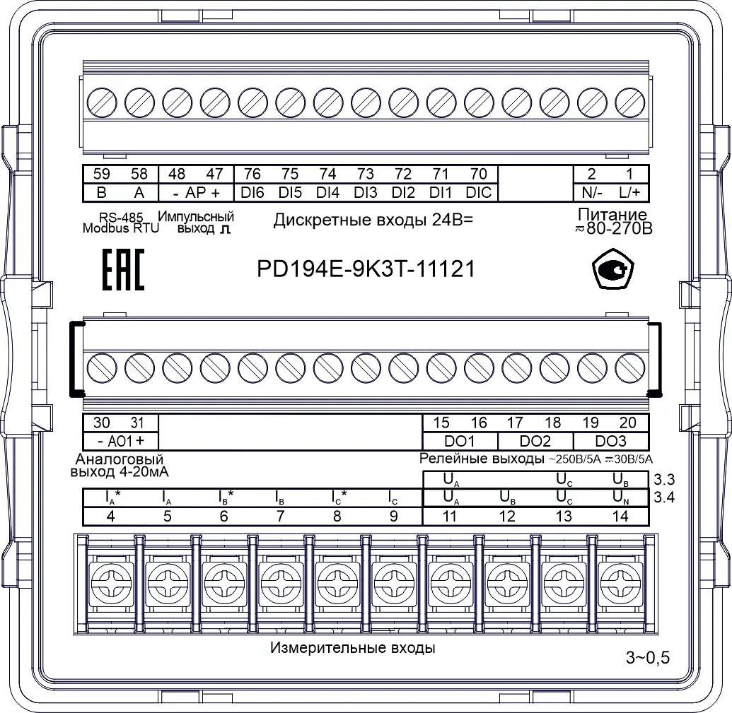 PD194E-9K3T-11121 Многофункциональные приборы 1RS-485/6DI/3DO/1AO (лицевая панель 96х96 мм)